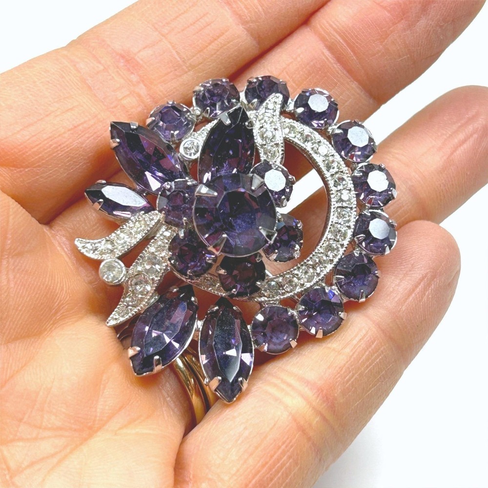 Eisenberg Ice Rhinestone Brooch Purple & Clear Rhodium Wreath Bow Pin Vintage